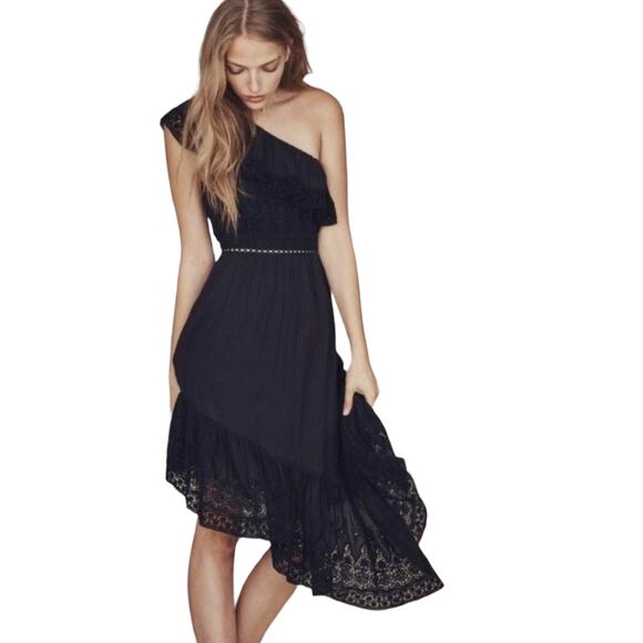 Loves Shack Fancy Pamela Asymmetric One Shoulder Black Midi Dress Size XS - Picture 1 of 14
